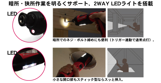 暗所・狭所作業を明るくサポート、2WAY LEDライトを搭載