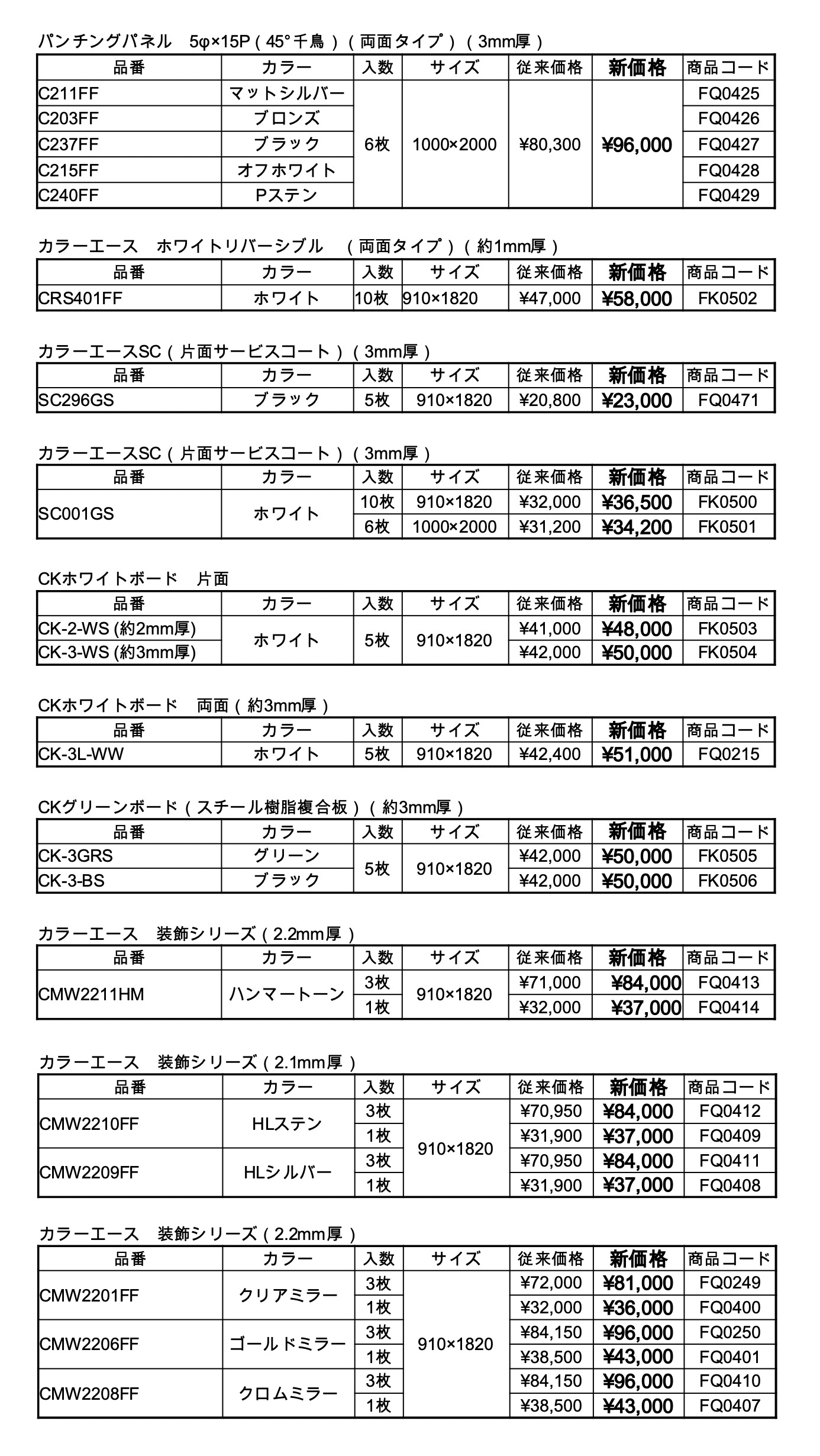 2024年10月カラーエース価格改定